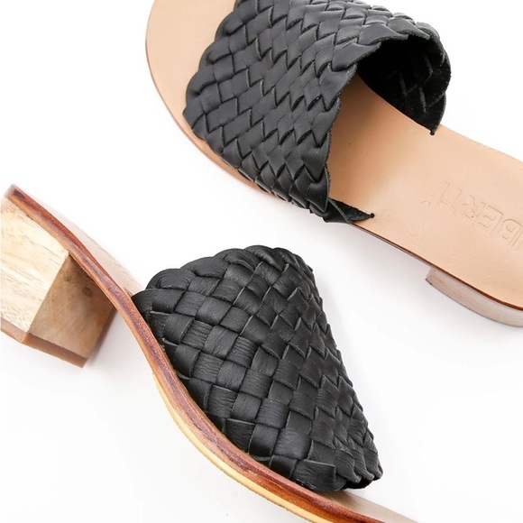 Coastal Summer Black Woven Slide Wooden Block Heel Leather Mules Liberté - Picture 7 of 14